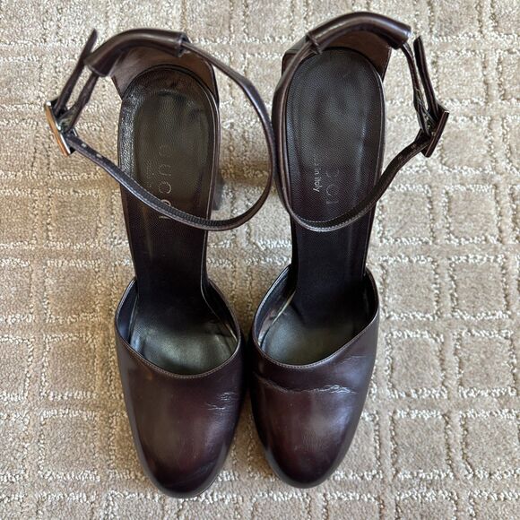 Gucci VTG 90s Mary Jane Platform Heels Womens 8.5B Brown Leather Ankle Strap Y2K - Picture 5 of 14